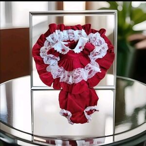 Vintage Velvet Baby Dress And Bloomer Red Ruffle Collar 0 mon USA New Kids Doll